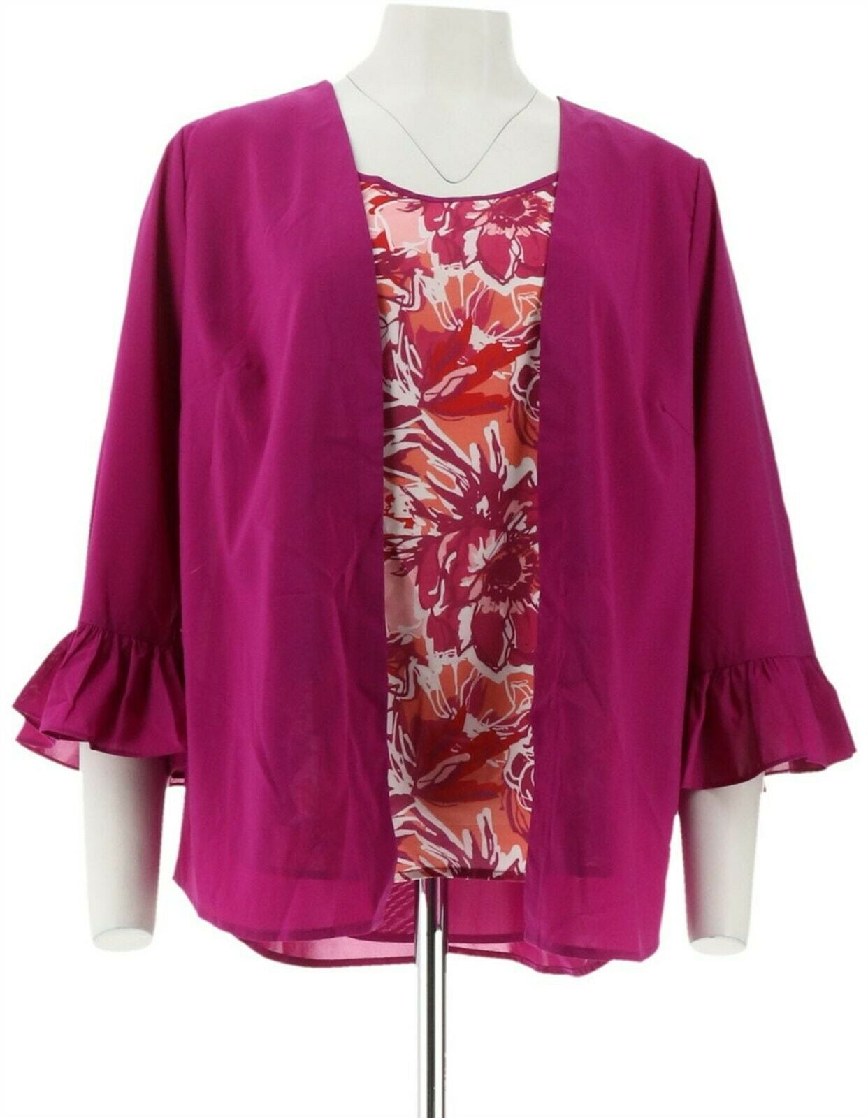 Bob Mackie - Bob Mackie Ruffle Slv Cardigan Slvless Printed Top Set ...