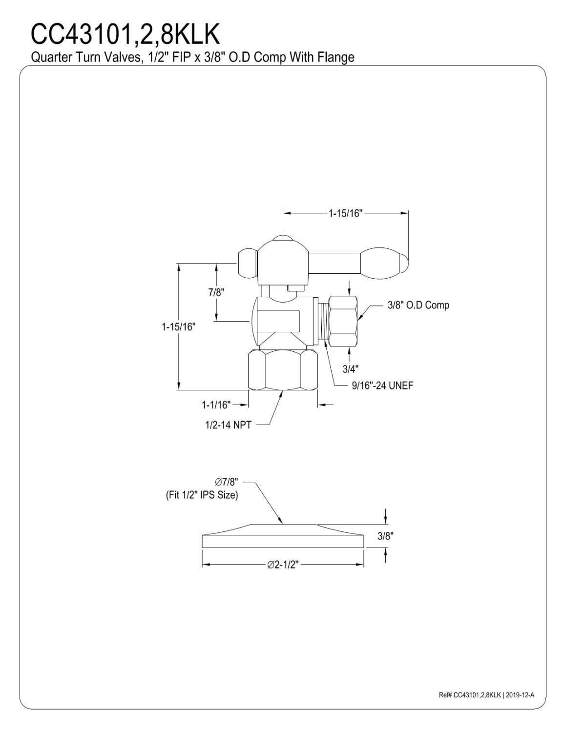 Kingston Brass CC43102KLK 1/2" FIP x 3/8" OD Comp Quarter-Turn Angle Stop Valve with Flange, Polished Brass