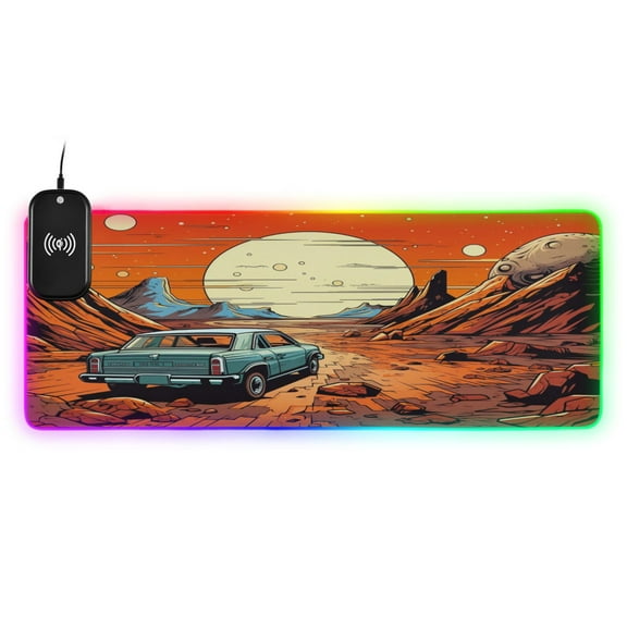 Wireless Charging Mouse Pad Large RGB Gaming Desk Mat 13 Light Modes Mousepad 31.5x11.8 Old Car and Sunset