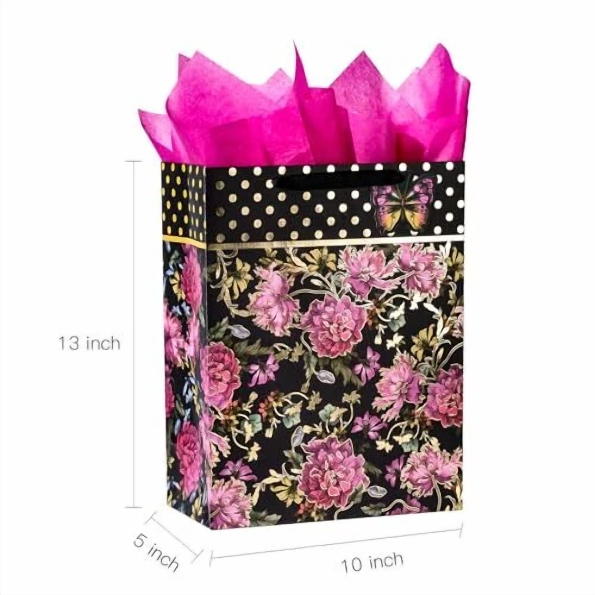 BUTTERFLY- Gift Bag And Foil Branch With Tissue Paper For Mother'S Day, Pink Flower