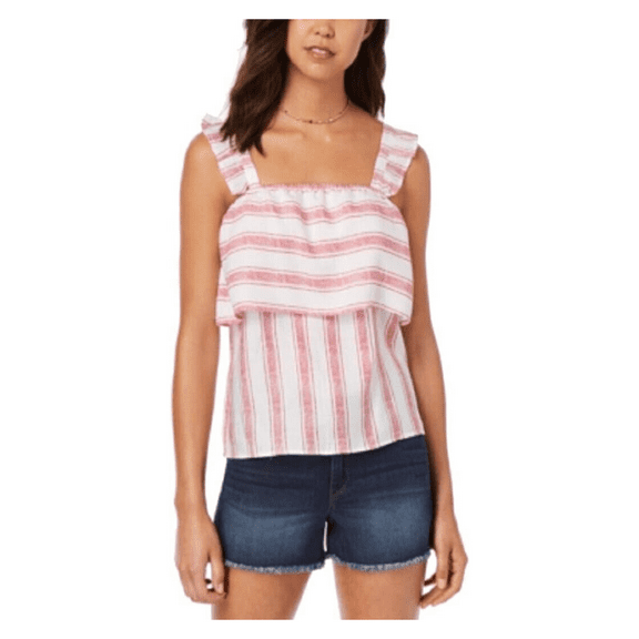 Almost Famous Juniors' Striped Ruffle-Trimmed Tank Top (Red White Stripe, L)