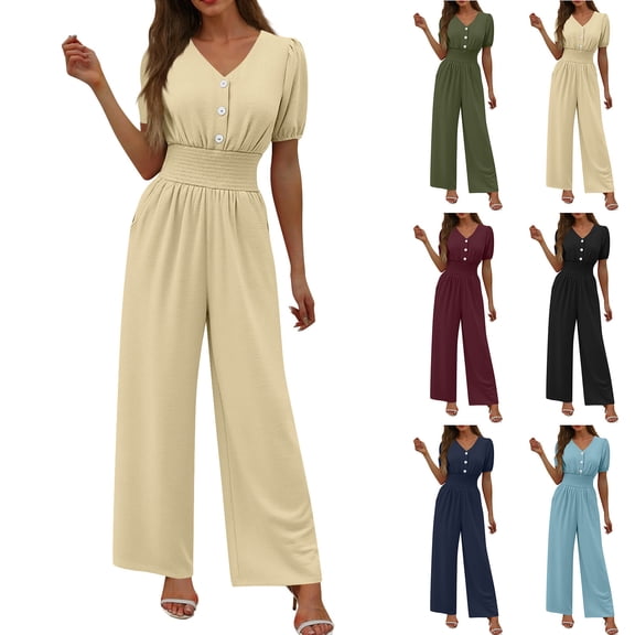 QATAINLAV Womens Jumpsuits Short Sleeve V Neck Dressy Casual Wide Leg Pants Summer One Piece Romper Vacation Clothes, Wine, S