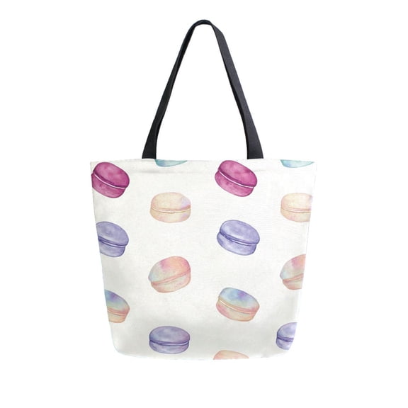 Open Top Canvas Shoulder Handbag with Interior Zipper Pocket Large-Capacity Tote Bag Macaron Pattern