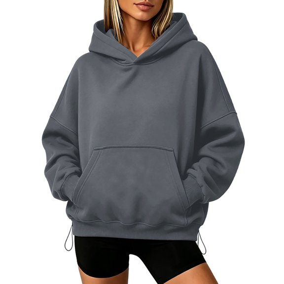 Hoodies Women Solid Long Sleeve Pullover Sweatshirt Tops Casual Waist Cinching Cropped Outfits Fall Winter Apparel