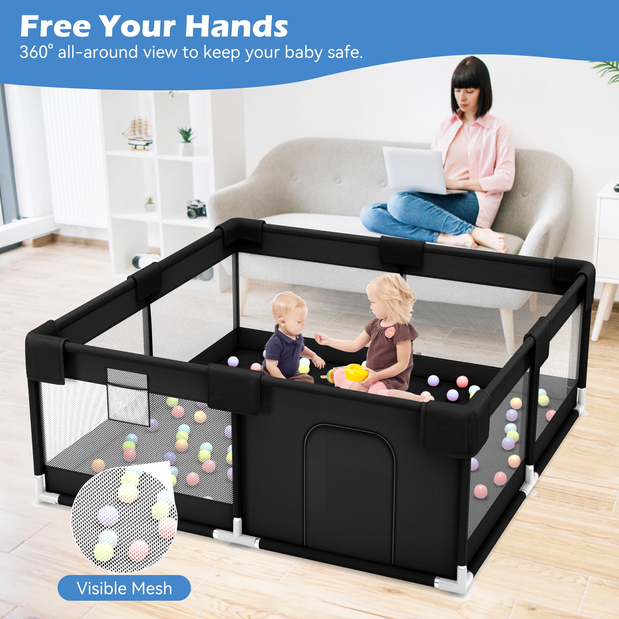 babyeap Baby Playpen,50x50 Inch Baby Playards for Babies and Toddlers,Fence Baby Play Yards for Indoor & Outdoor with Breathable Mesh,Black