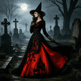 thumbnail image 2 of AoDai Gothic style long-sleeved witch dress with ghost castle print, suitable for Halloween party cosplay (all dress patterns are printed, the dress does not include a petticoat)., 2 of 6