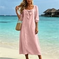 thumbnail image 3 of Bgstyu Women's Cotton Linen Beach Dress Summer Casual Long Dress 3/4 Sleeve Crew Neck Tie Front Maxi Dresses with Pockets, 3 of 9