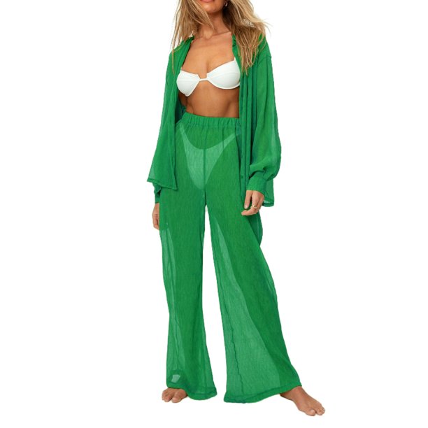 Txlixc Blusa de botón transparente de manga larga y pantalones de piernas anchas para mujeres Txlixc moda