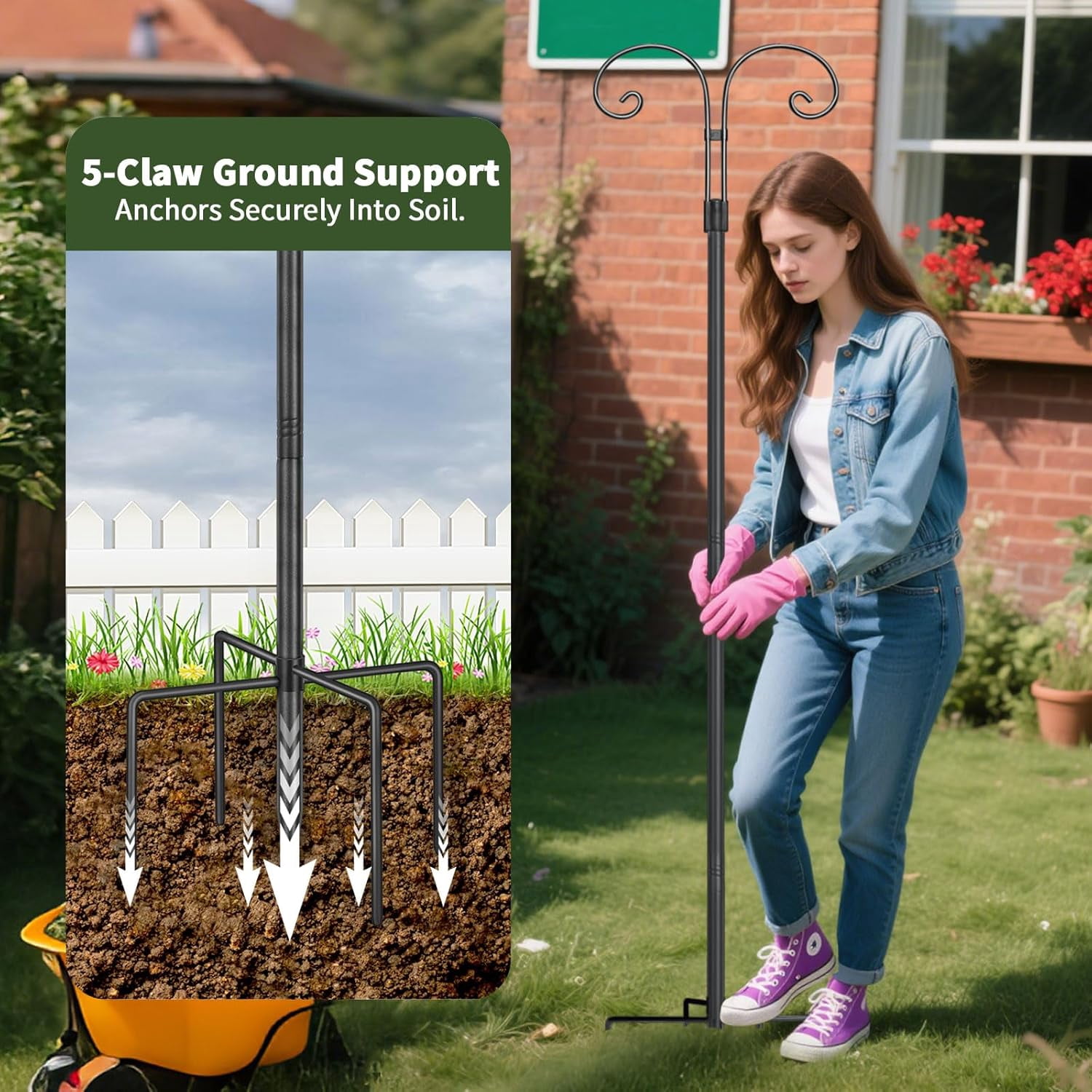 KOLAKO Bird Feeding Station, Heavy Duty Bird Feeder Poles, Metal Shepherd Hooks for Hanging Garden Lights, Basket, 193cm, Black