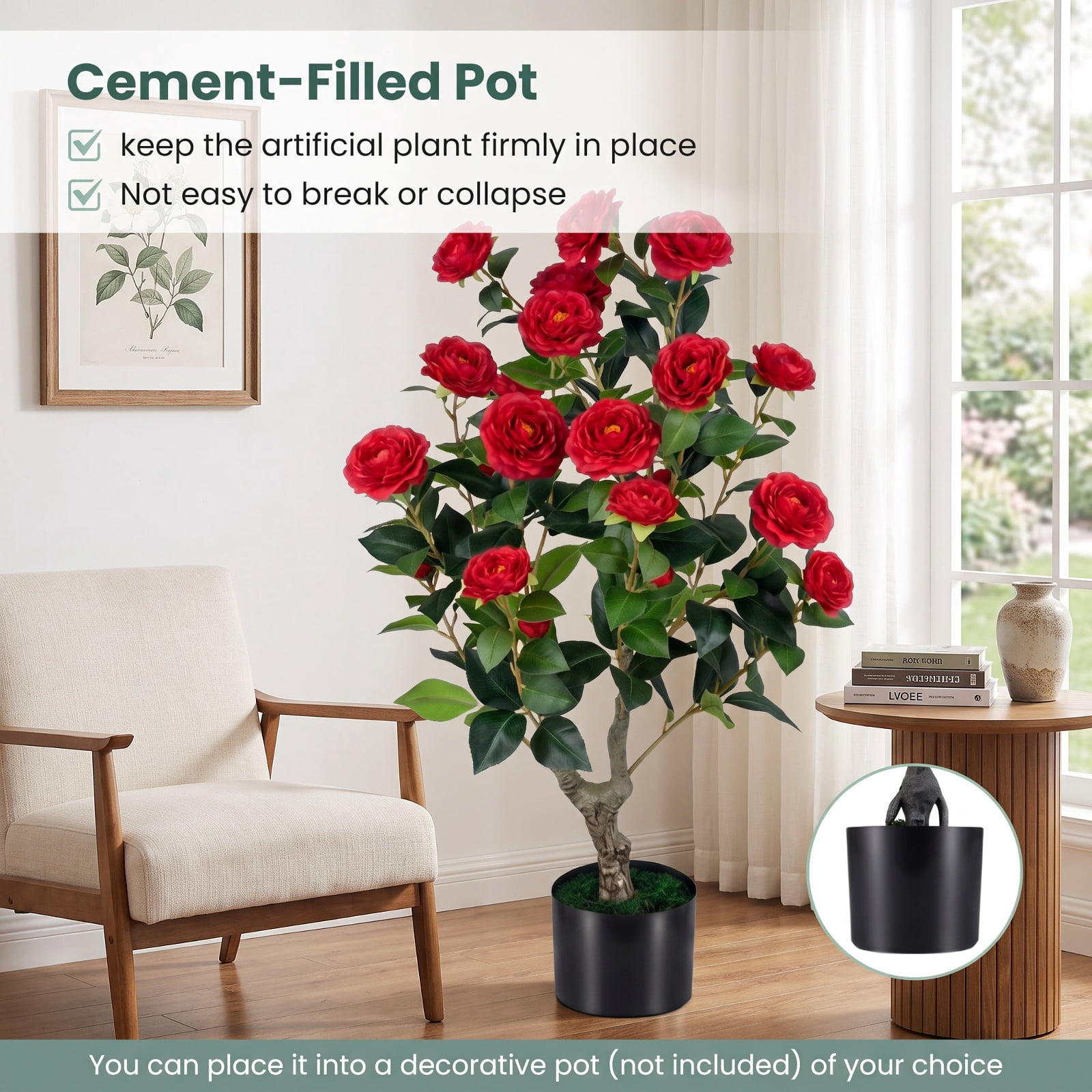 Vebreda Artificial Plant Decor, 2-Pack Artificial Camellia Tree Faux Flower Plant in Cement-Filled Pot, Lifelike & Elegant Design