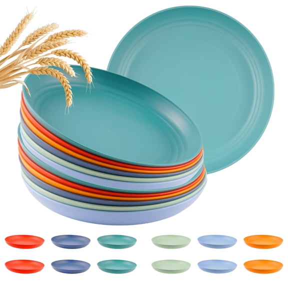 Lumikrypt 12Pcs 10 inch Unbreakable Wheat Straw Plates, Reusable Plastic Dinner Plates Set, Microwave and Dishwasher Safe Plate for Kitchen, 6 Colors