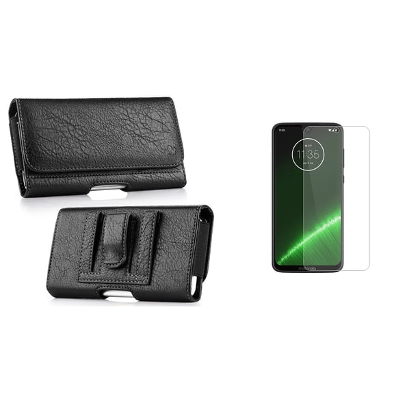 Luxmo PU Leather Wallet (Card Slot/Coin Holder) Holster Carry Case (Black) for Motorola Moto G7, Moto G7 Plus with Tempered Glass Screen Protector and Atom Cloth