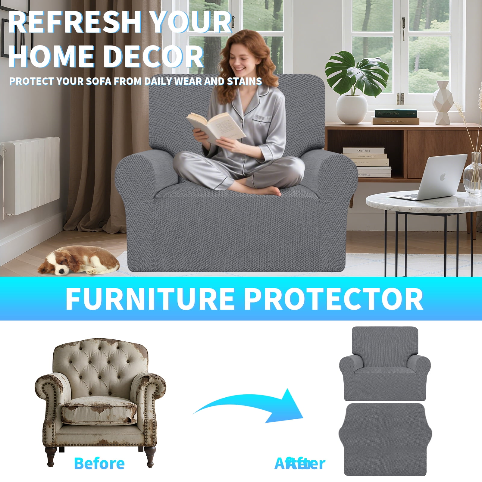 Debonair Stretch Jacquard Couch Cover with 1 Pillowcase, 1-Piece Soft Sofa Cover, Sofa Slipcover with Anti-Slip Foams, Washable Furniture Protector for Pets (Chair, Dark Gray)