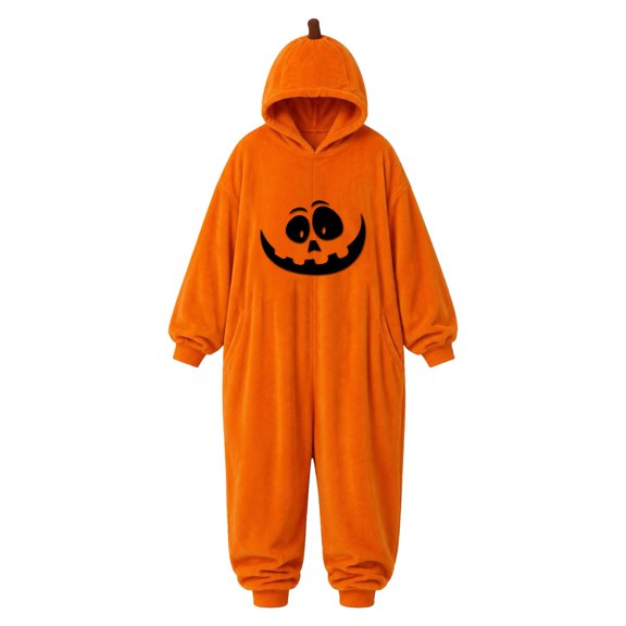 BOOMNY Halloween Flannel Pajamas Jumpsuit for Men And Women Hallowmas Pumpkin Face Graphic Long Sleeve Hooded Pjs Jumpsuit Cozy Warm Loungewear Homewear