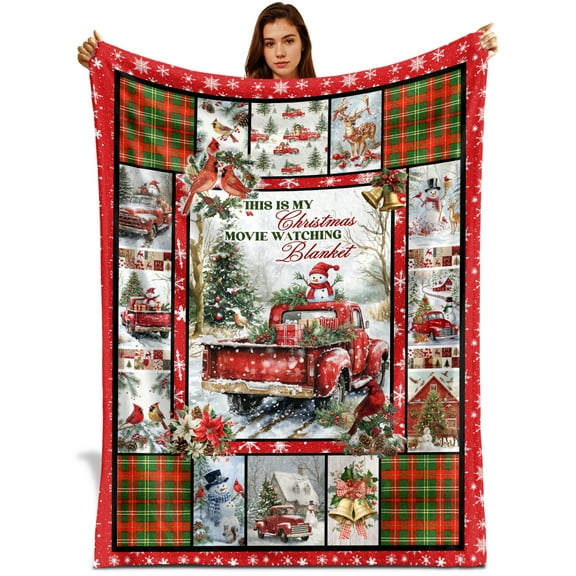 Christmas Movie Watching Blanket, Red Vintage Truck Holiday Throw, Cozy Winter Blanket with Snowman and Cardinals, Plaid Christmas Decor for Couch Bed Sofa, Rustic Farmhouse Style