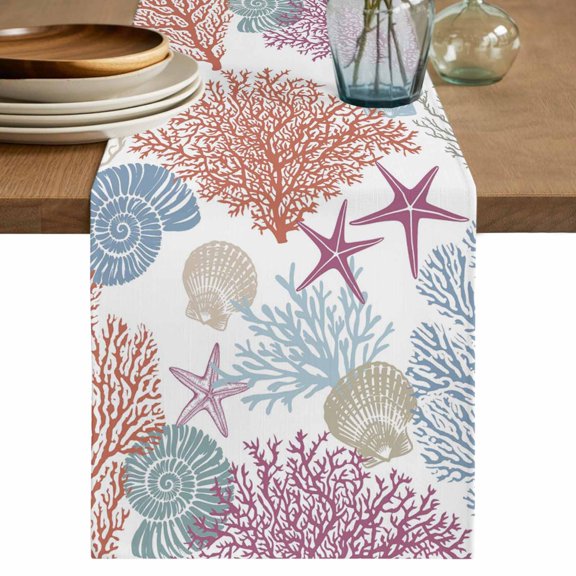 Red Blue Coastal Table Runner 36 Inches, Coral Conch Starfish Nautical Ocean Bed Runner Dresser Scarves Tabletop for Indoor Outdoor Parties/Ceremony/Banquet, 13"x 36"