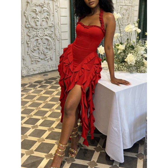 Red Asymmetrical One Shoulder Ruffle Fringe Bodycon Party Dress