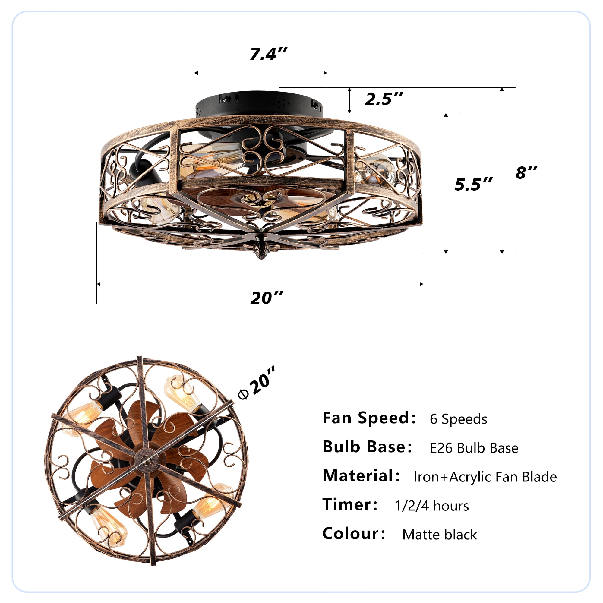 Leumius 20" Bronze Flush Mount Ceiling Fan with Light, Reversible Motor and DC Remote Control,6 Speed Ceiling Fan,Timing for Living Room Bedroom Dining Room(NOT Included Bulbs)