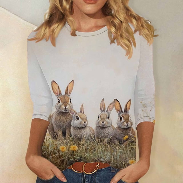 TaTaai Women Easter Print Crew Neck 3/4 Sleeve Pullover T-Shirt Casual Ladies Spring Daily Street Wear Lightweight Breathable Non-See-Through No Fading Soft Top Gift
