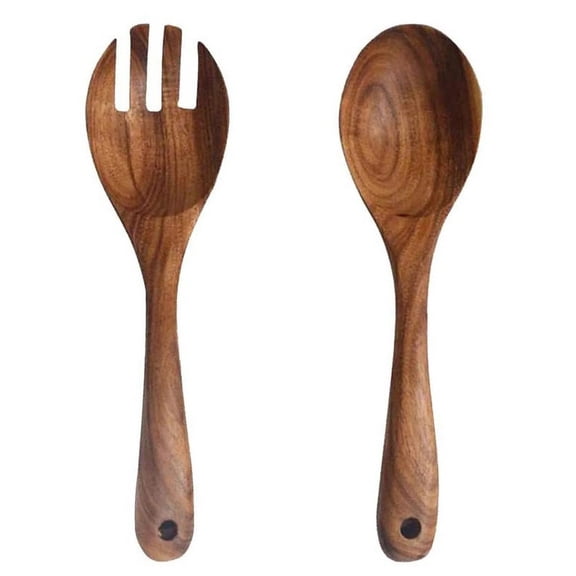 HOMEIORA 2 Pack Wooden Spoon, Salad Serving Utensils, Acacia Wood, Salad Spoon and Salad Fork, Salad Servers