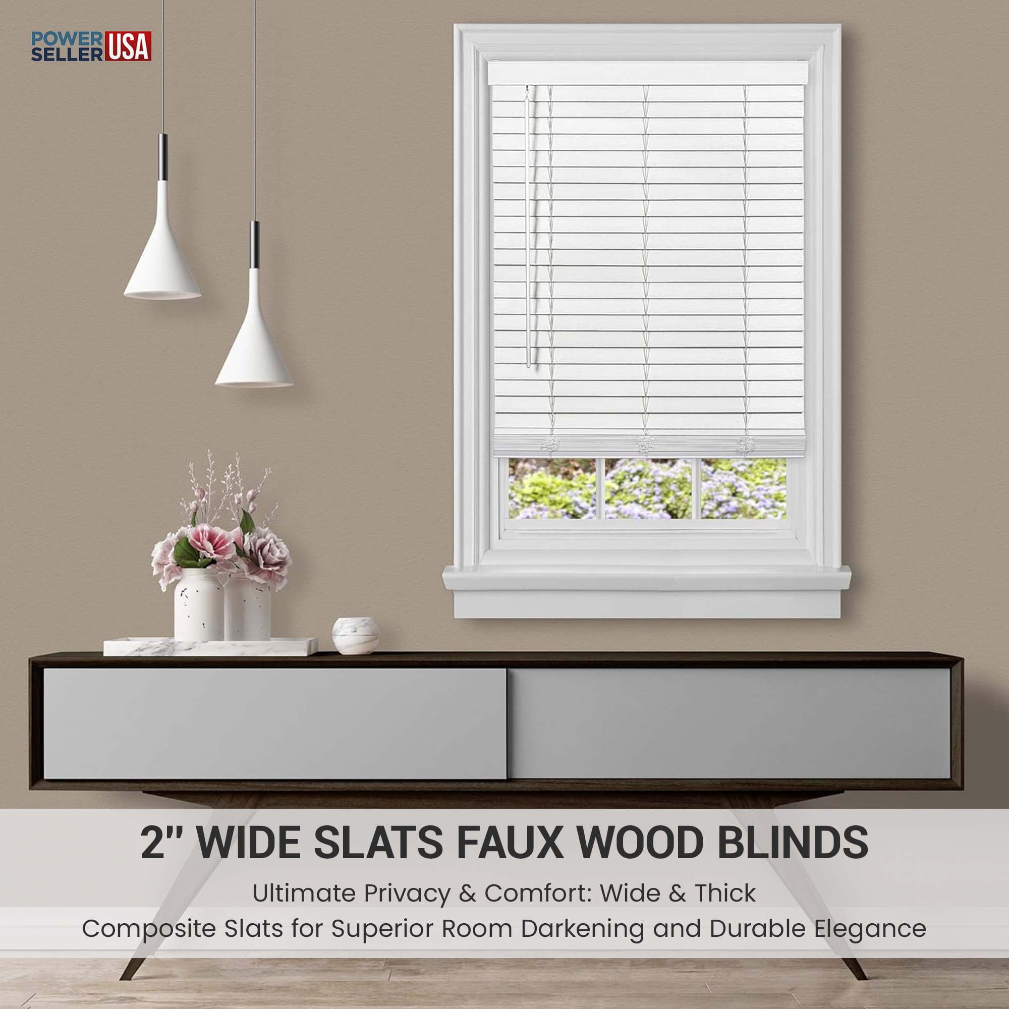 PowerSellerUSA Cordless Window Blinds, Privacy & Room Darkening 2" Slats Faux Wood Mini Blind, Anti-UV Window Treatment, White Plantation Blind, 46" Width x 64" Length, (Fits windows 23" - 74")