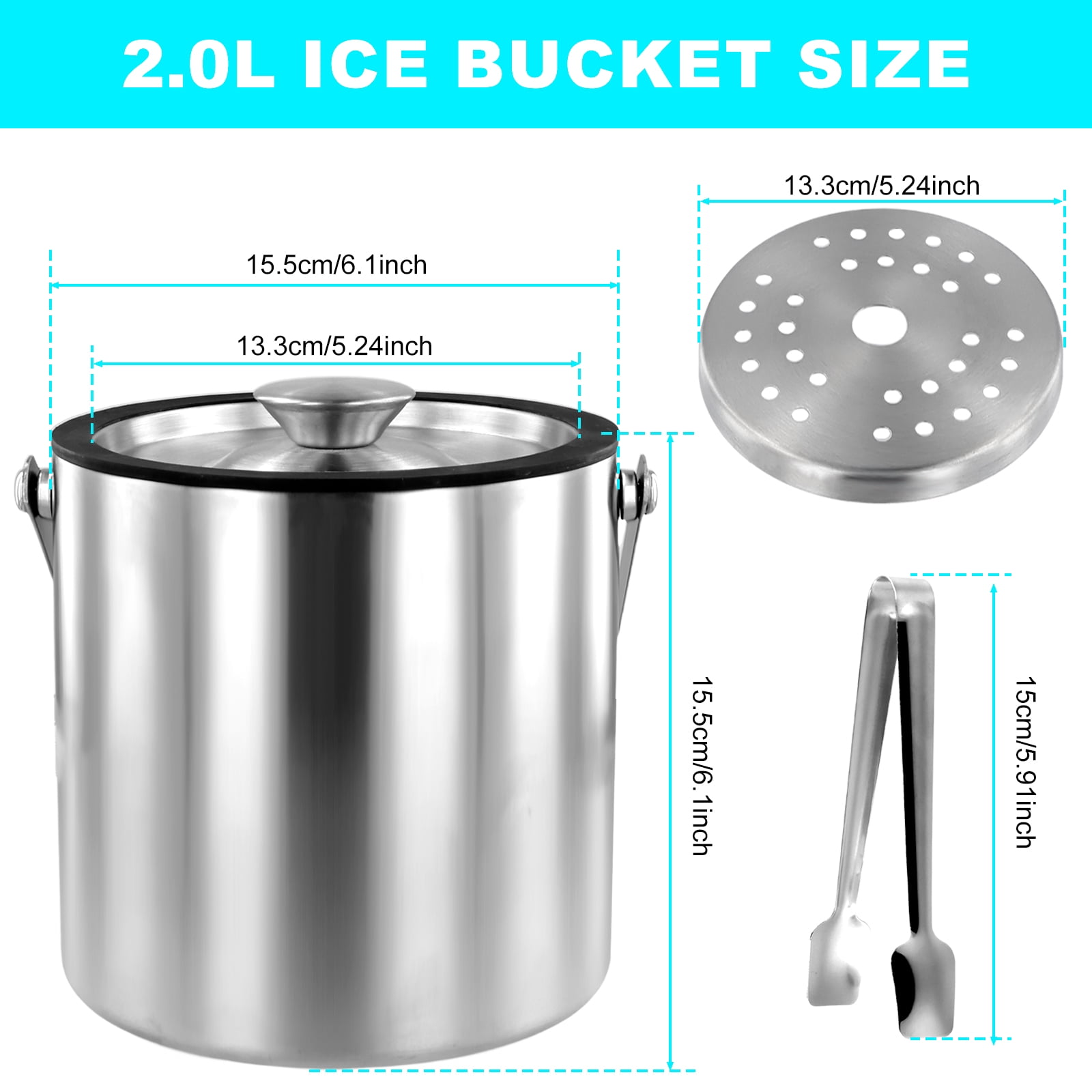 Lzvxtym Stainless Steel Ice Bucket with Lid Strainer Tong 2.0L Double Walled Insulated Ice Bucket Ice Bucket Container for Cocktail Bar Parties