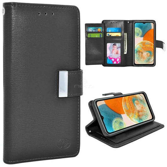 For Samsung Galaxy A23 4G / SM-A235 Dual layer Shockproof Protection Double Flap Folio Card Slot Leather Magnetic Closure Wallet Pouch Case Cover Black