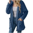 thumbnail image 5 of Lovskoo Womens Fuzzy Fleece Long Jacket Solid Color Long Sleeve Full Zip Pockets Hooded Jacket Casual Trendy Outerwear Blue, 5 of 9