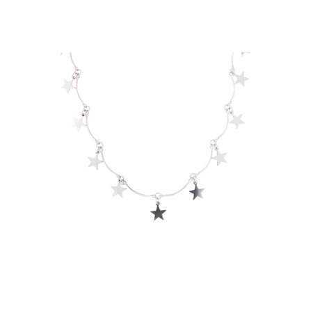 Sterling Silver Rhodium Plated Dangling Star Choker Necklace, 13"- 15"