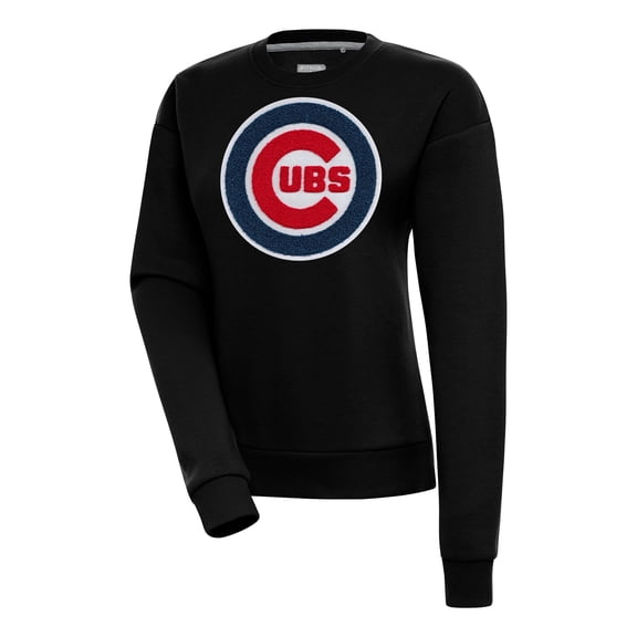 Women's Antigua  Black Chicago Cubs Victory Chenille Pullover Sweatshirt