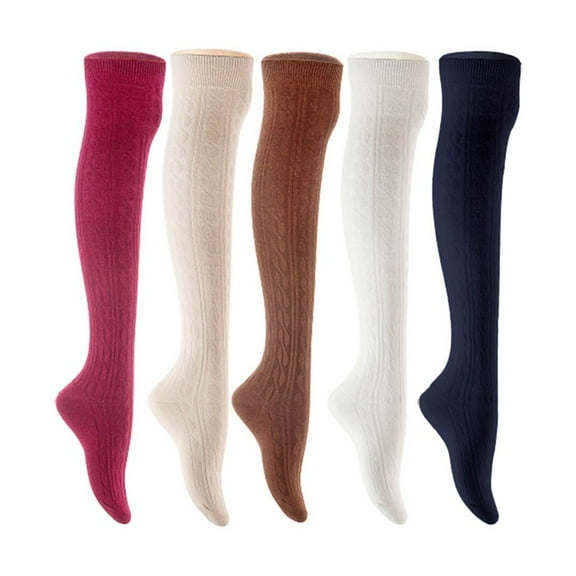 Lian LifeStyle Women's 5 Pair Adorable Comfortable Soft Thigh High Over Knee High Cotton Socks Size 6-9 L1024 Wine,Cream,Coffee,White,Navy