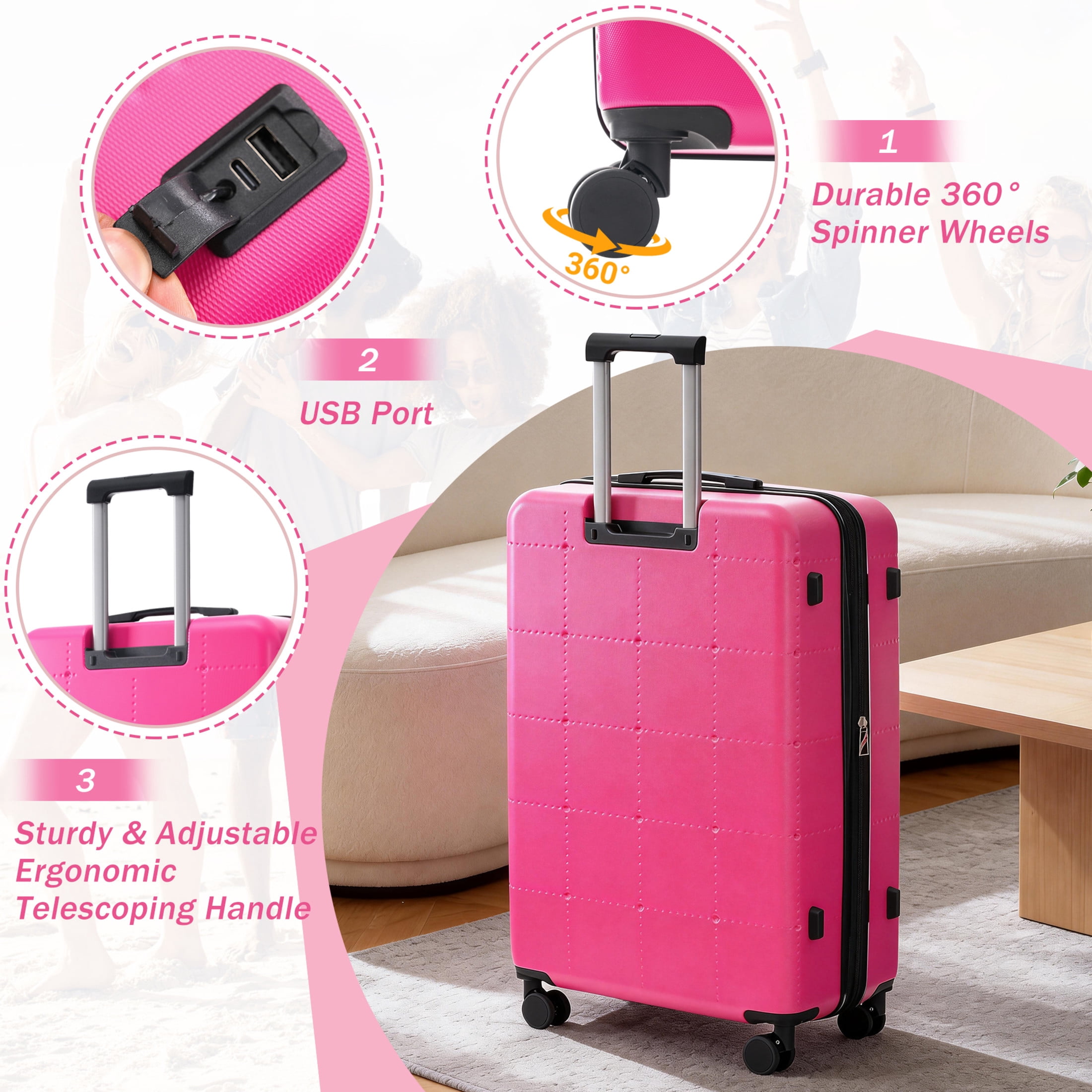 GDF Studio 5-Piece Hardside Luggage Set, Carry-On Suitcase with USB Port and Checked Bags, Spinner Wheels, Pink