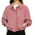 thumbnail image 4 of Aswuknt Womens Checkered Plaid Bomber Jacket Zip Front Lightweight Casual Jacket Long Sleeve Collared Fall Outerwear With Pockets, 4 of 9