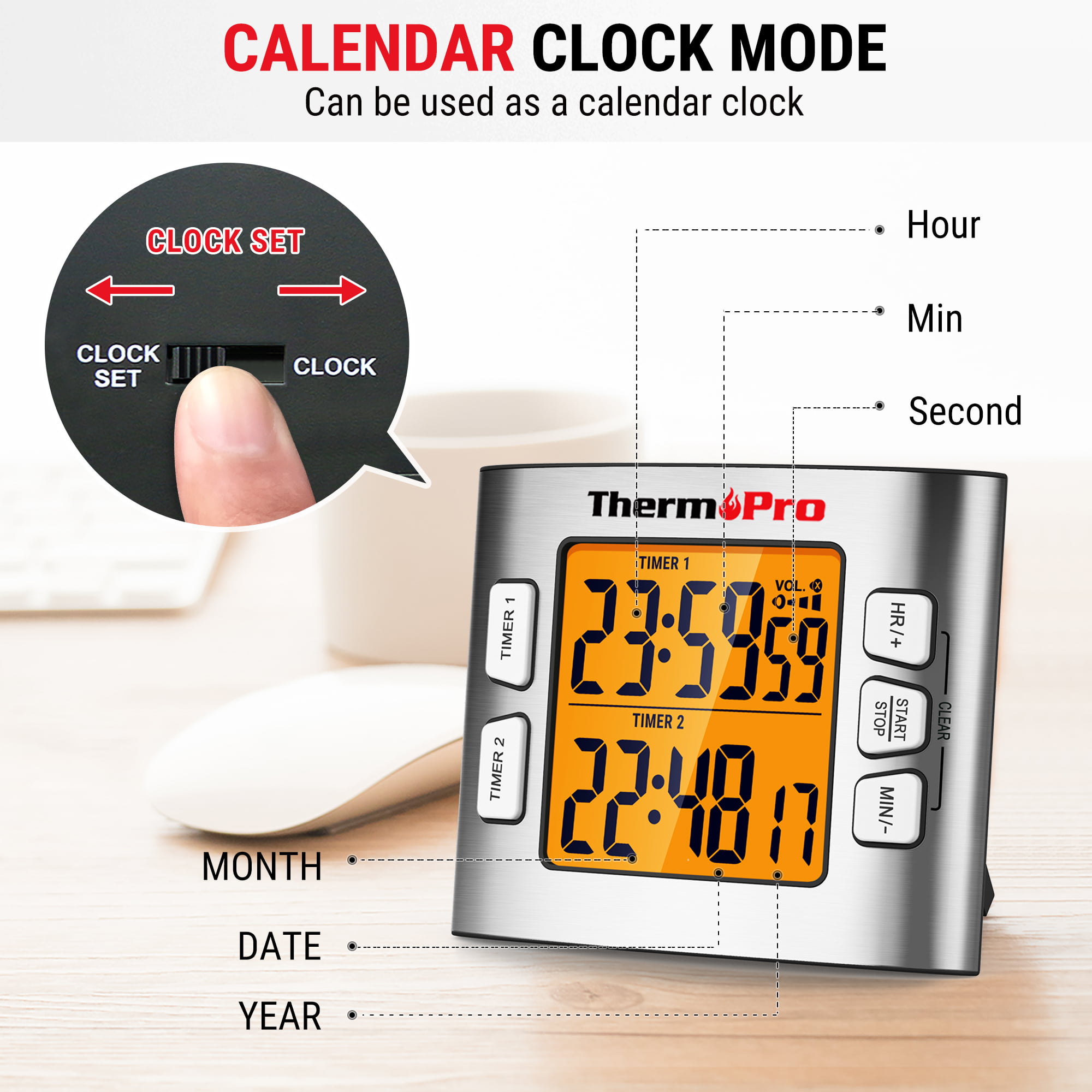  ThermoPro TM02 Digital Kitchen Timer with Dual Countdown Stop  Watches Timer/Magnetic Timer Clock with Adjustable Loud Alarm and Backlight  LCD Big Digits/ 24 Hour for Kids Teachers : Home & Kitchen