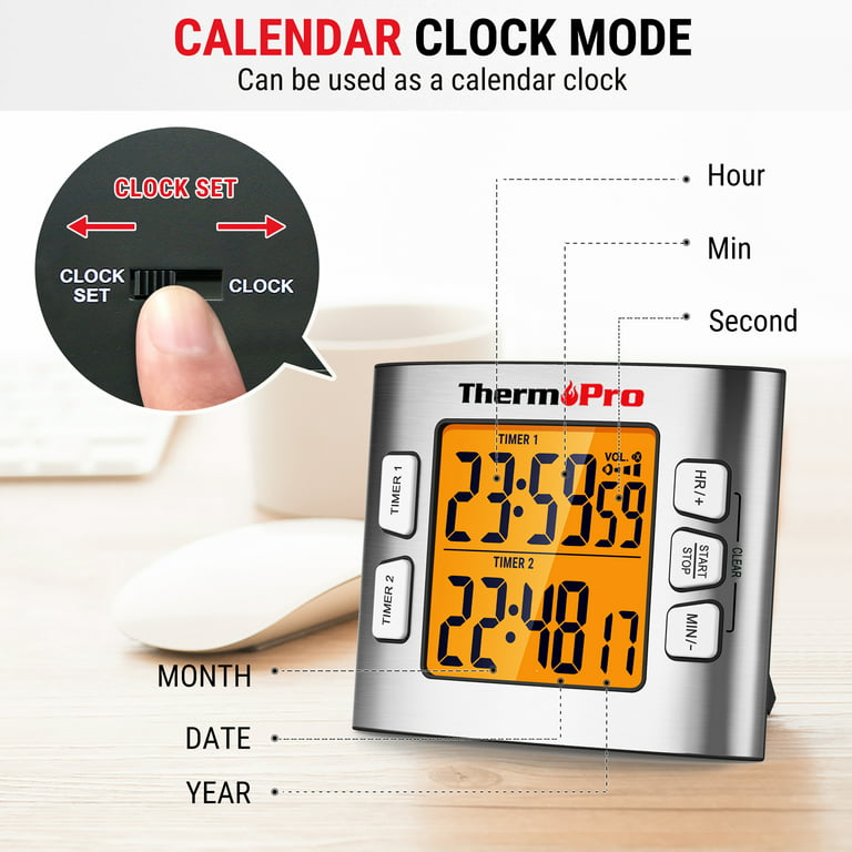 ThermoPro TM02W Digital Kitchen Timer with Adjustable Loud Alarm and Backlight LCD Big Digits