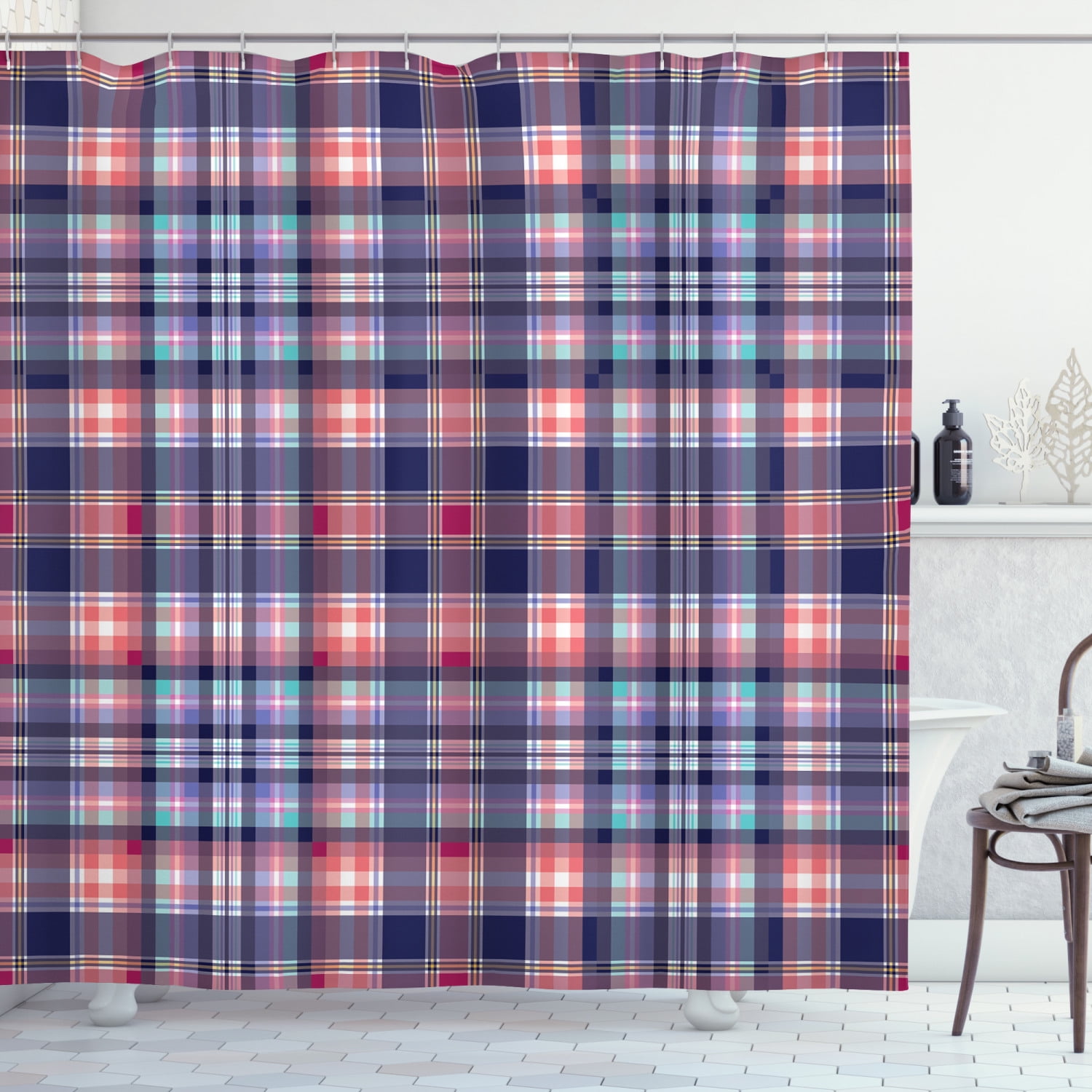 Ambesonne Checkered Shower Curtain, Pink and Blue Tones, 69"Wx84"L