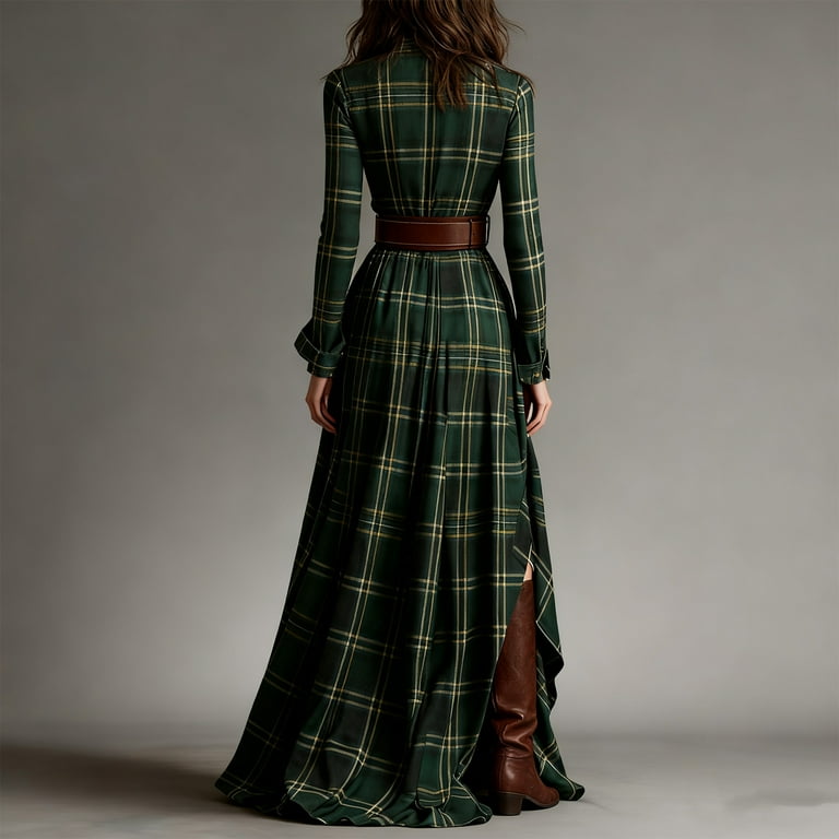 Stichou Plaid Maxi Dress for Women, Long Sleeve Dress Vintage V-Neck Long-Sleeve Pastoral Style Dresses with Pockets, Lapel Button Maxi Plaid Dresses