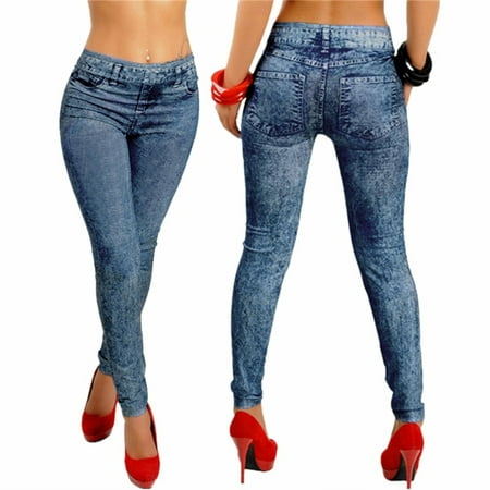 Zeus Women's Sexy Close-Fitting Snowflake Printed Imitated Denim Jeans ...