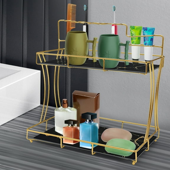 Bathroom Organizer Countertop with Toothbrush Holders, 2 Tier Bathroom Vanity Organizer Makeup Shelf Removable Tier Tray for Dresser,Bedroom, Living Room Gold