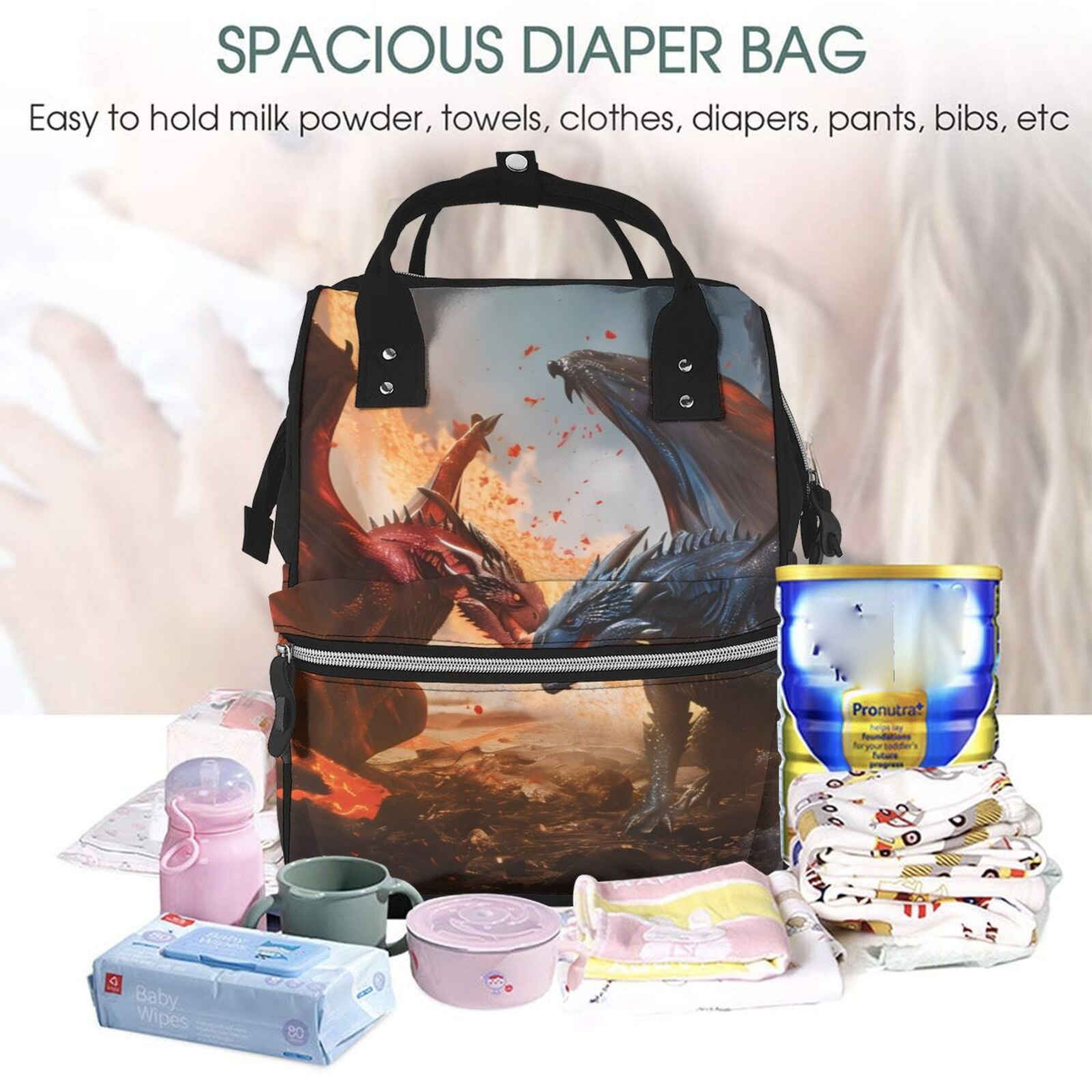 Ratiio Lava Dragon Mummy Backpack - Waterproof Twill Canvas, Large Capacity Diaper Bag with Multiple Pockets and Adjustable Straps