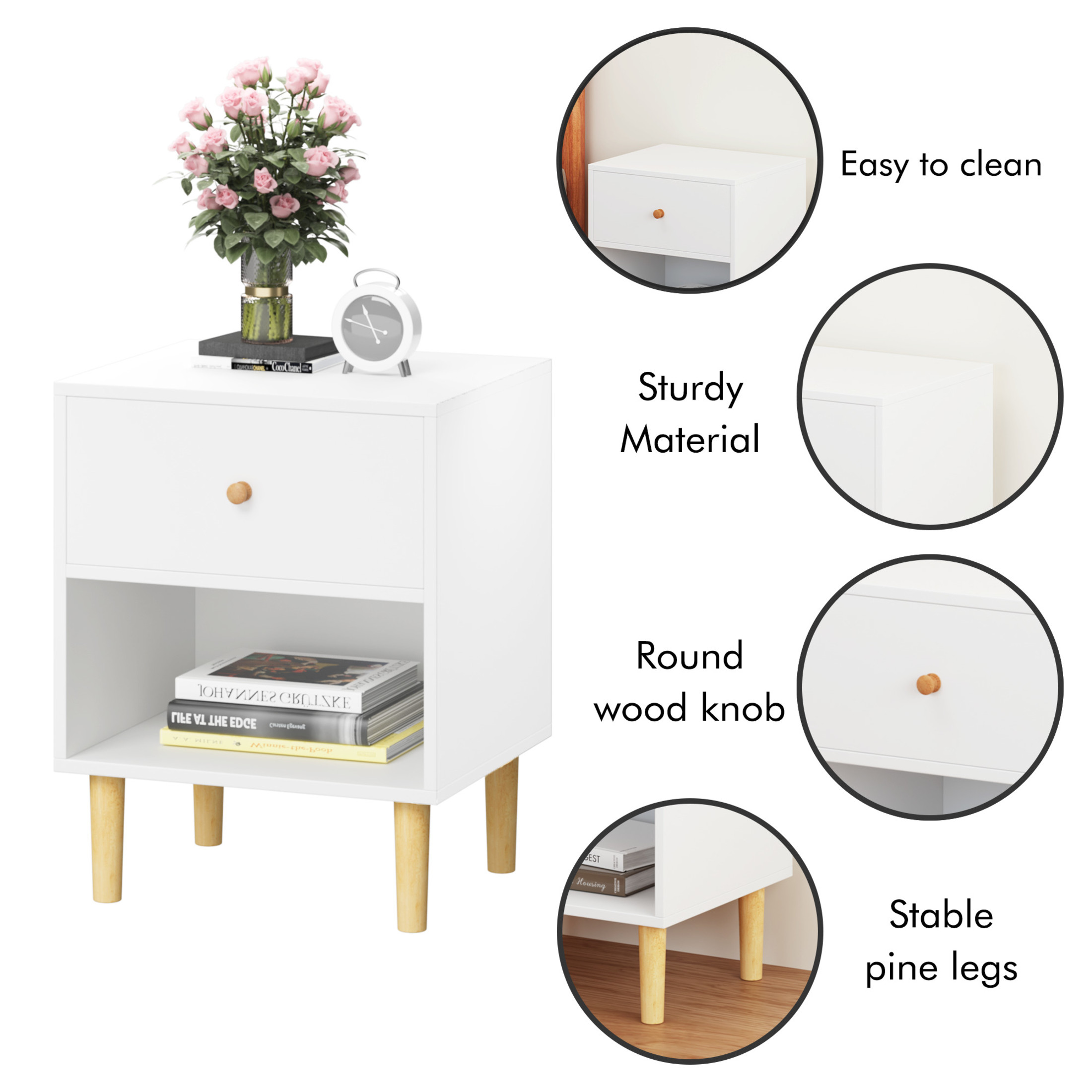 Noble House Kael 23.2" Wooden Nightstand with Drawer and Shelf, Modern Bedside Table, MDF with Pine Legs, White