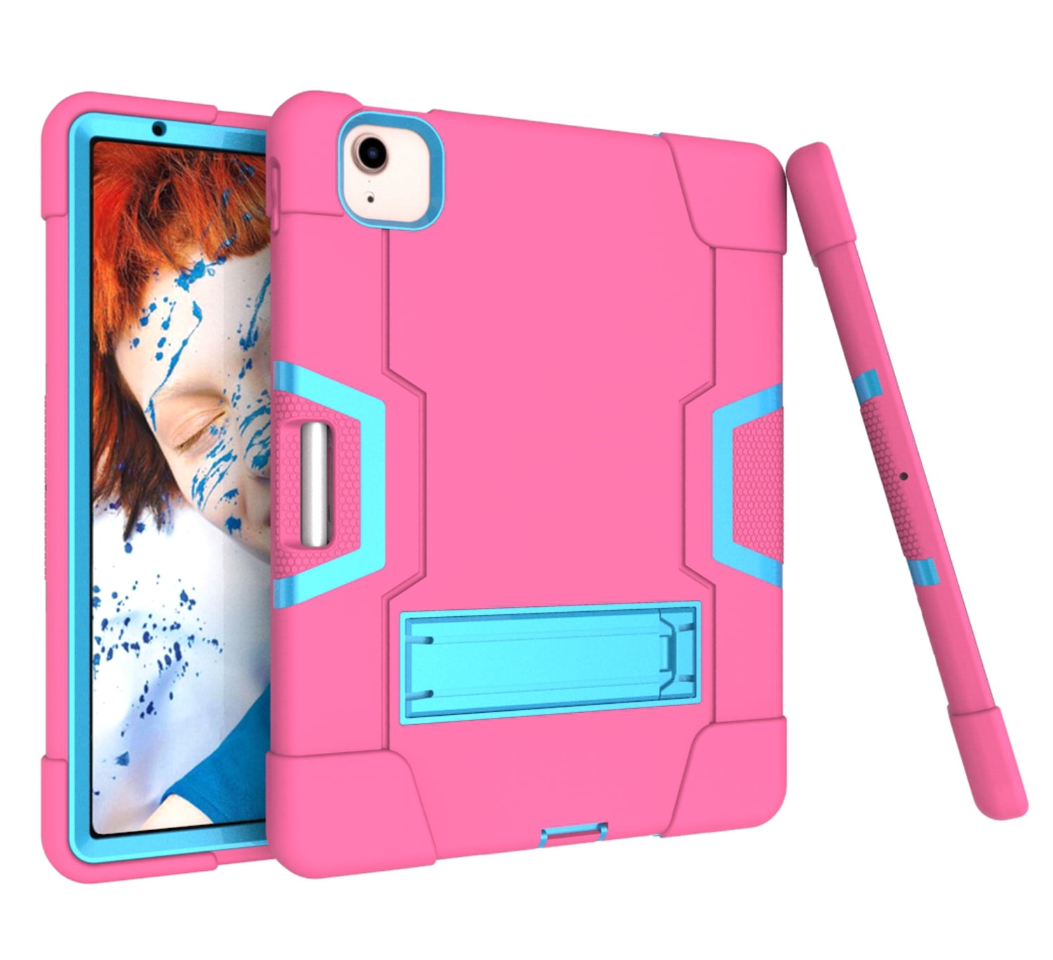 Allytech iPad Air 5 Case 2022, iPad Air 4 Case 2020, Heavy Duty Protection Shockproof Build In Kickstand Pencil Holder Kids Friendly Case for Apple iPad Air 5th 4th Generation, BlackRose/Blue