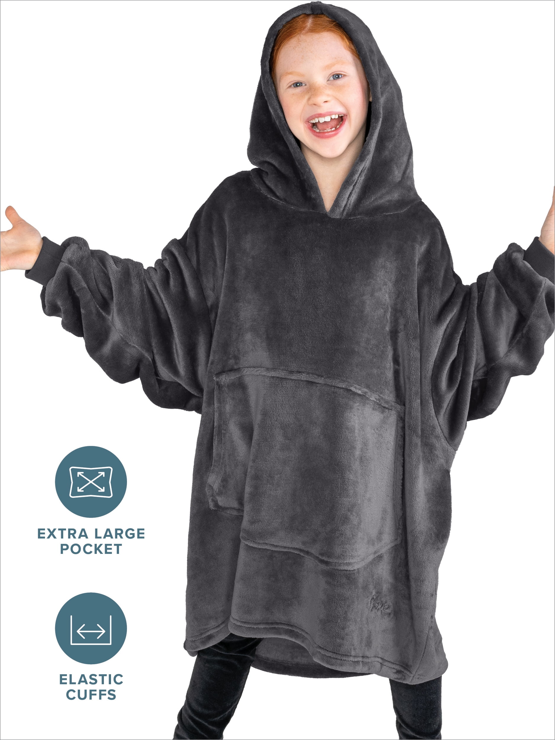 Bare Homey Kids Size Microplush Wearable Blanket, Round Trapezoid Pocket, Forged Iron Gray