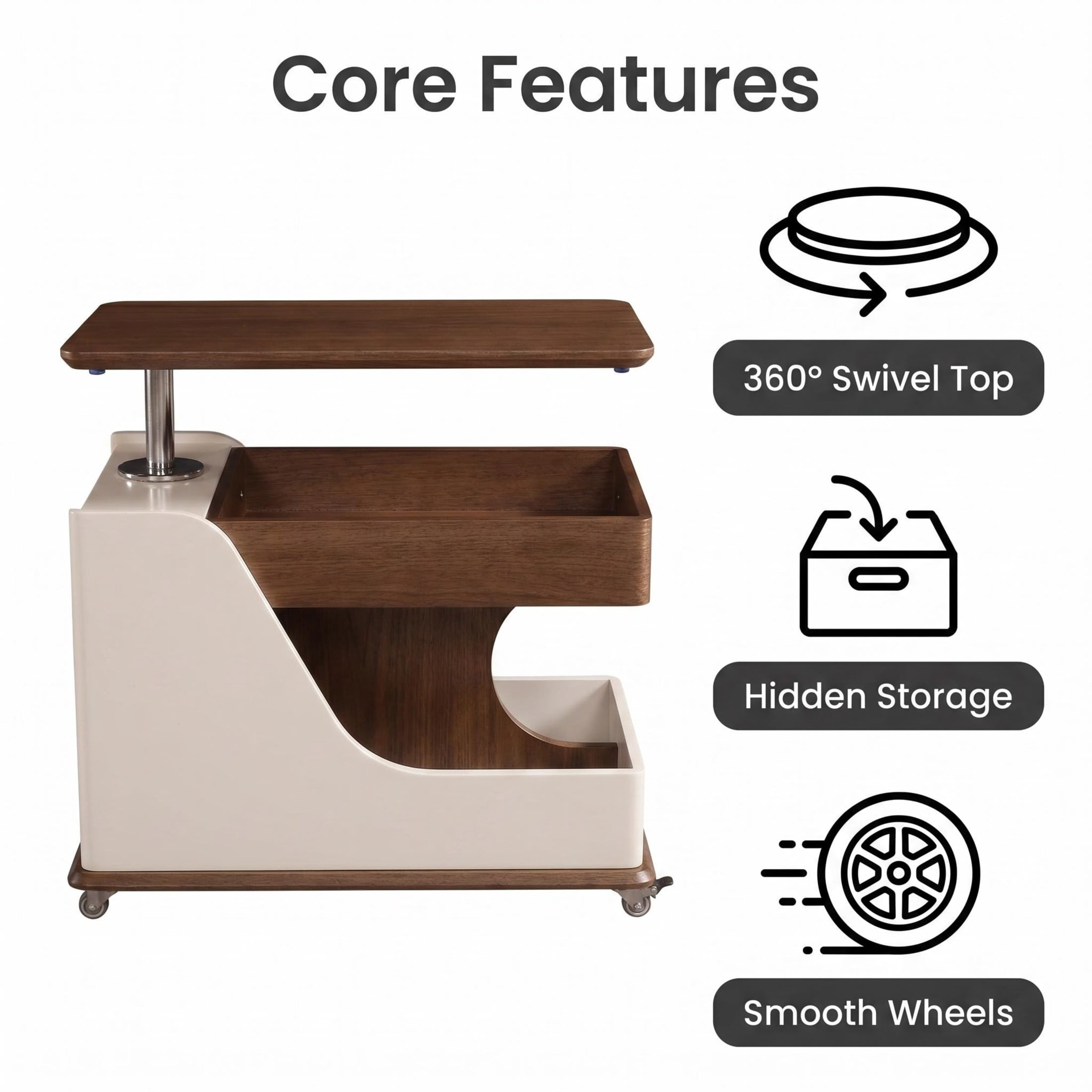 GDF Studio 27.6" Adjustable Lift-Top Side Table with Hidden Storage, 360° Swivel Top, White+Walnut