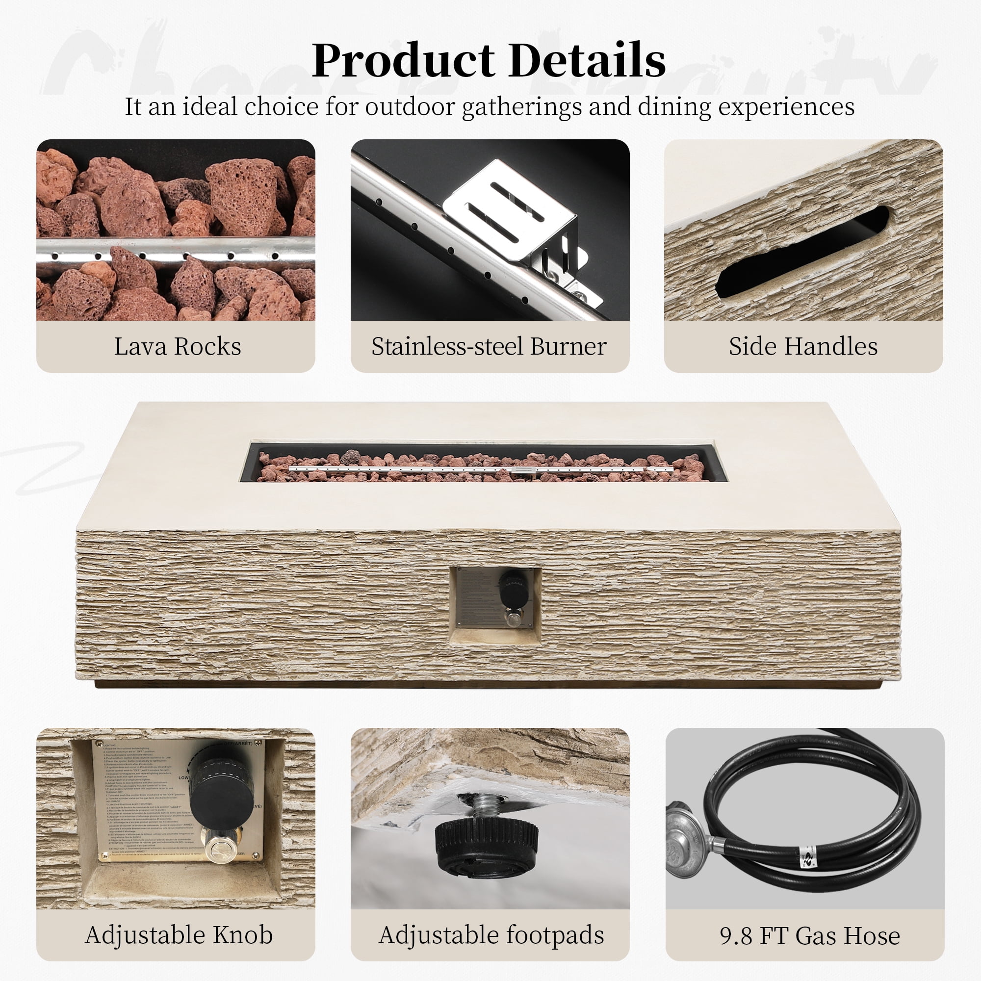 UPHA 56-inch Outdoor Propane Rectangle Fire Pit Table 50000 BTU Gas Concrete FirePit for Outside Patio with Wind Guard, Lava Rocks, Rain Cover, Beige