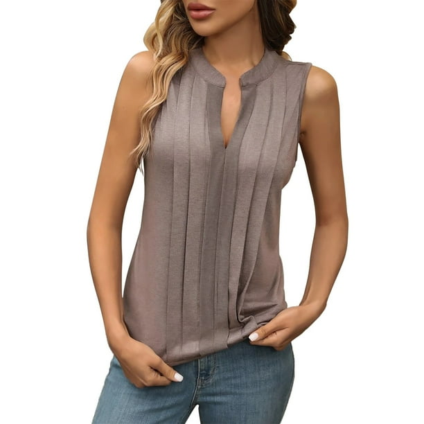 Top sin mangas con cuello en V y pliegues para mujer, poliéster-spandex, tallas S-XXL, elegante/casual, bloques de color