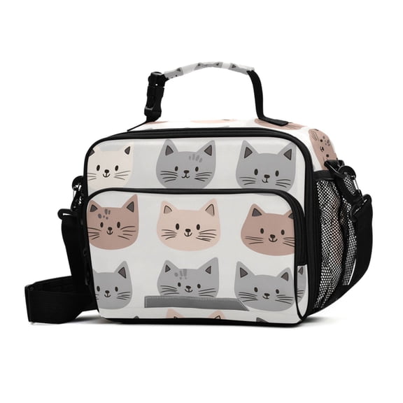 FORMRS Student Insulated Lunch Bag with Shoulder Strap Reusable Cooler Box for School, Gray Cat Pattern