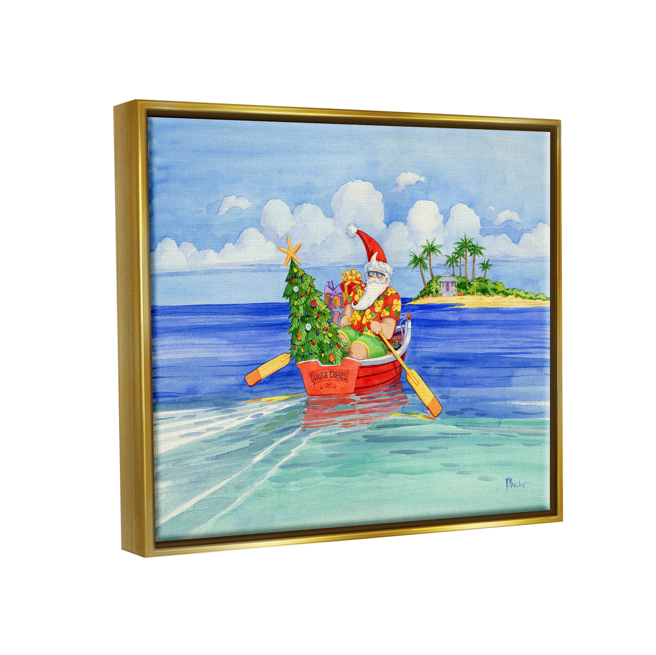 Stupell Industries Santa's Delivery Tropical Christmas Boat Painting Metallic Gold Floating Framed Canvas Print Wall Art, Design by Paul Brent