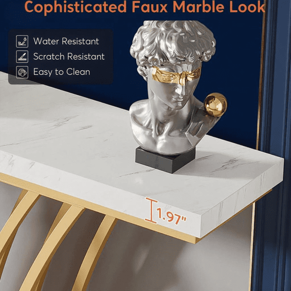 59" Modern Gold Console Table - Faux Marble Veneer with Geometric Metal Base, 1.97" Thick MDF Top, 450lb Capacity for Entryway, Living Room & Hallway