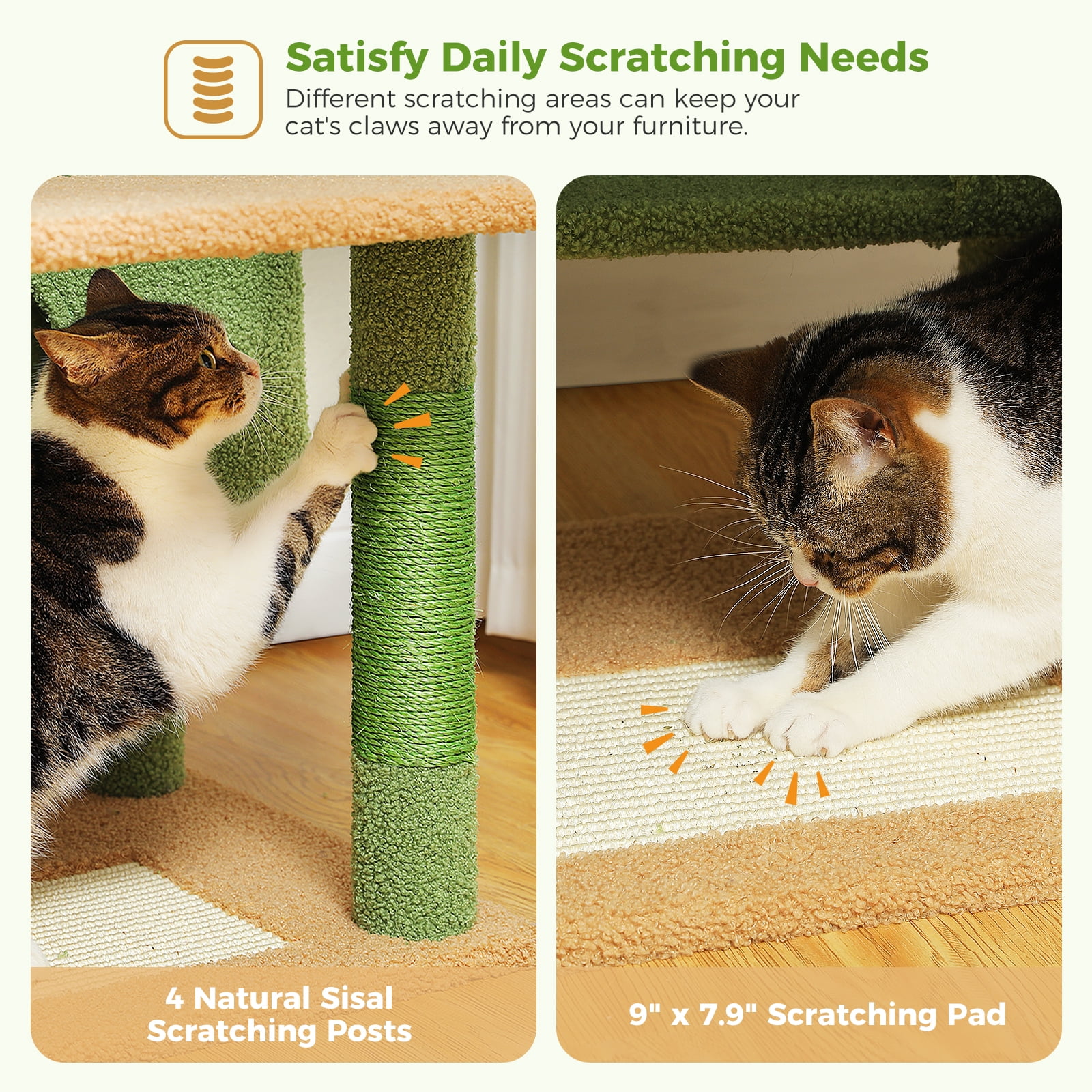 Kadyn 62" Multi-Level Cat Tree for Indoor Cats, Cat Tower with Cozy Cat Condo and Top Perch for Small&Medium Cat, Green